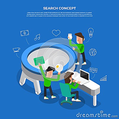 Flat design concept brainstorm working on desktop icon â€œSearchâ€. Vector illustrate. Vector Illustration